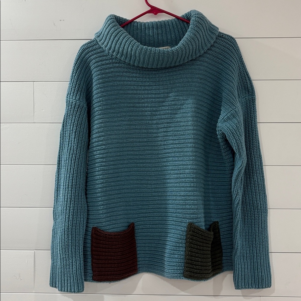 Margaret Winters Blue Knit Turtleneck Sweater Colorblock Pockets Women’s medium‎